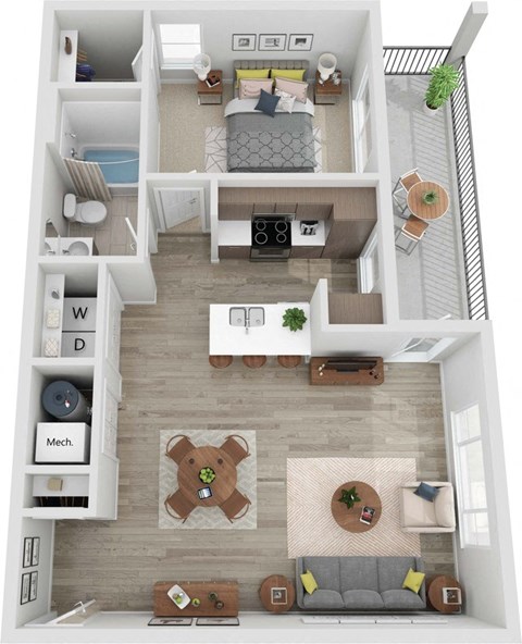 Floor plan for 1 bed, 1 bath, 744 sqft